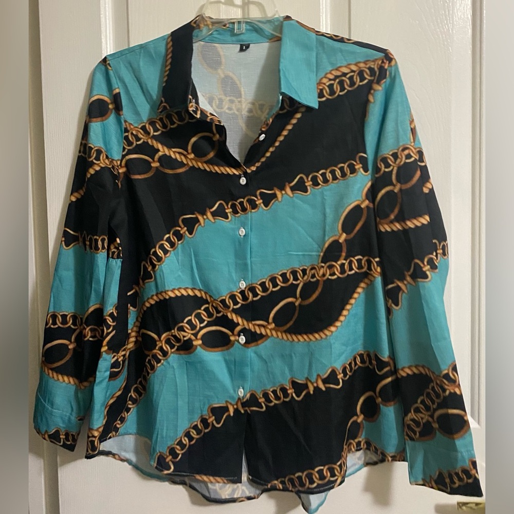 WOMENS-HANDMADE CHAIN PRINT BUTTON UP BLOUSE